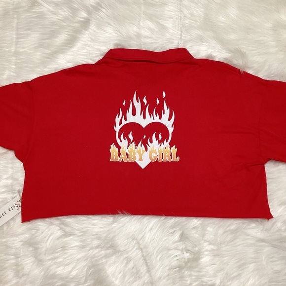 Orange Kiss Women’s Red Cropped Cotton Collared Polo White Flaming Heart - Picture 3 of 4